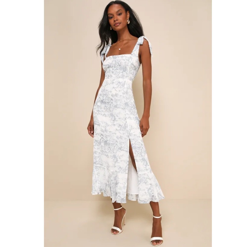 Lulus Summer Invite White and Blue Toile Tie-Strap Tiered Midi Dress NWT XL